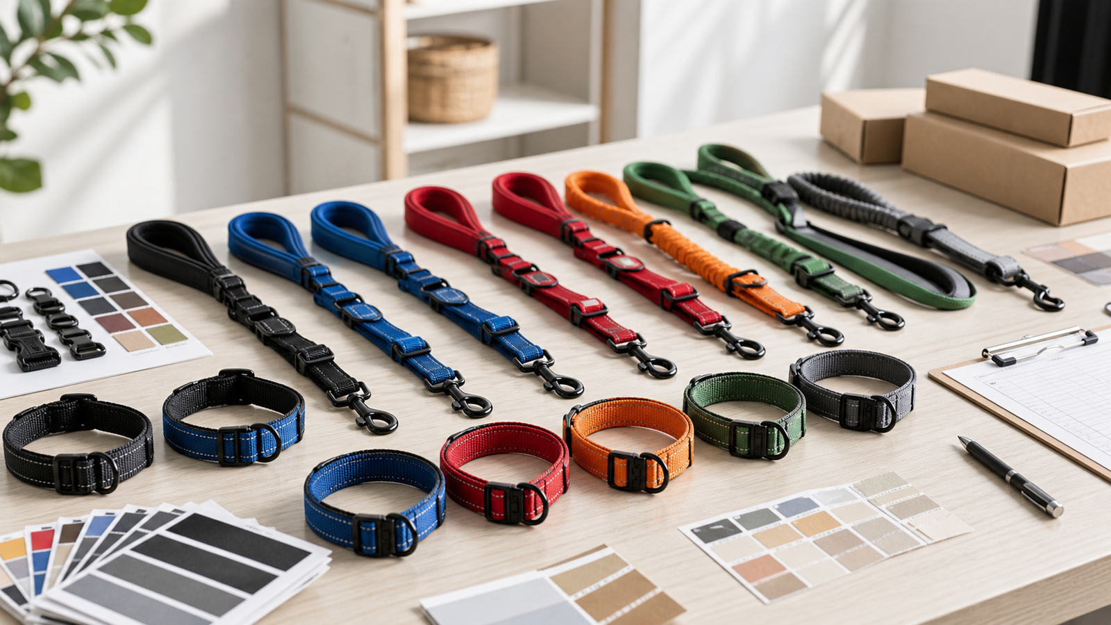 Dog collars and leashes arranged for B2B retail add-on sourcing