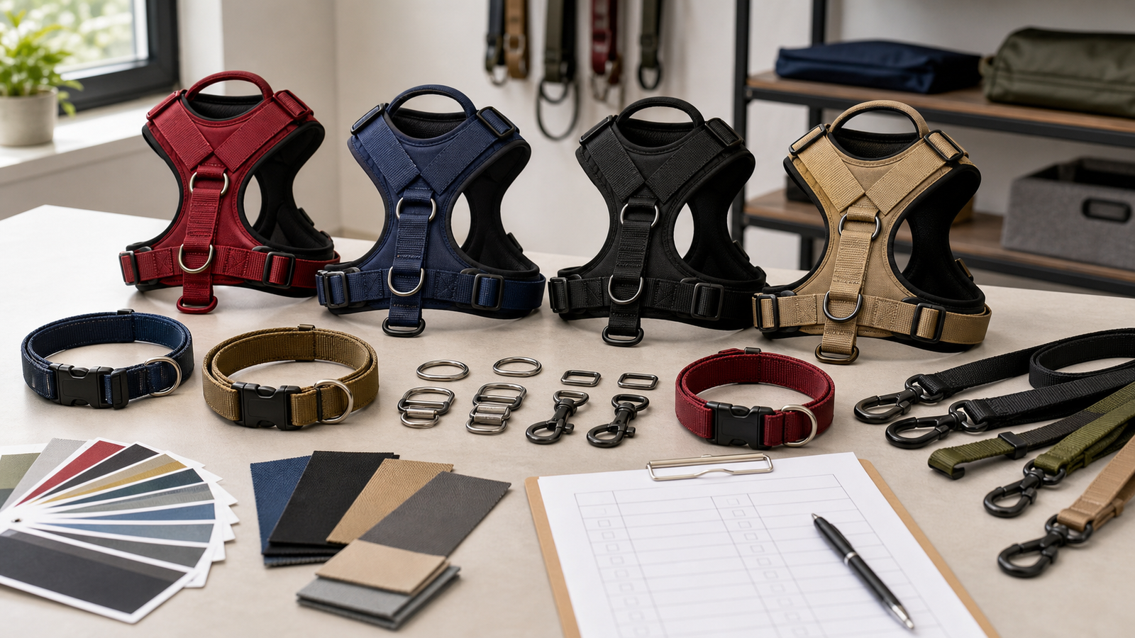 Dog harness samples arranged for B2B wholesale sample review