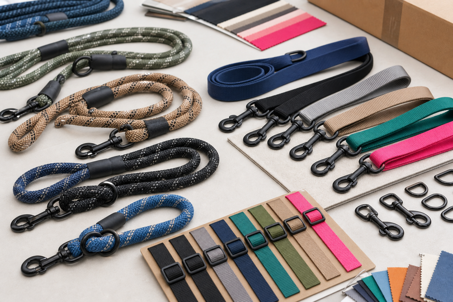 Rope and nylon dog leash materials, hardware, and color references for wholesale buyers