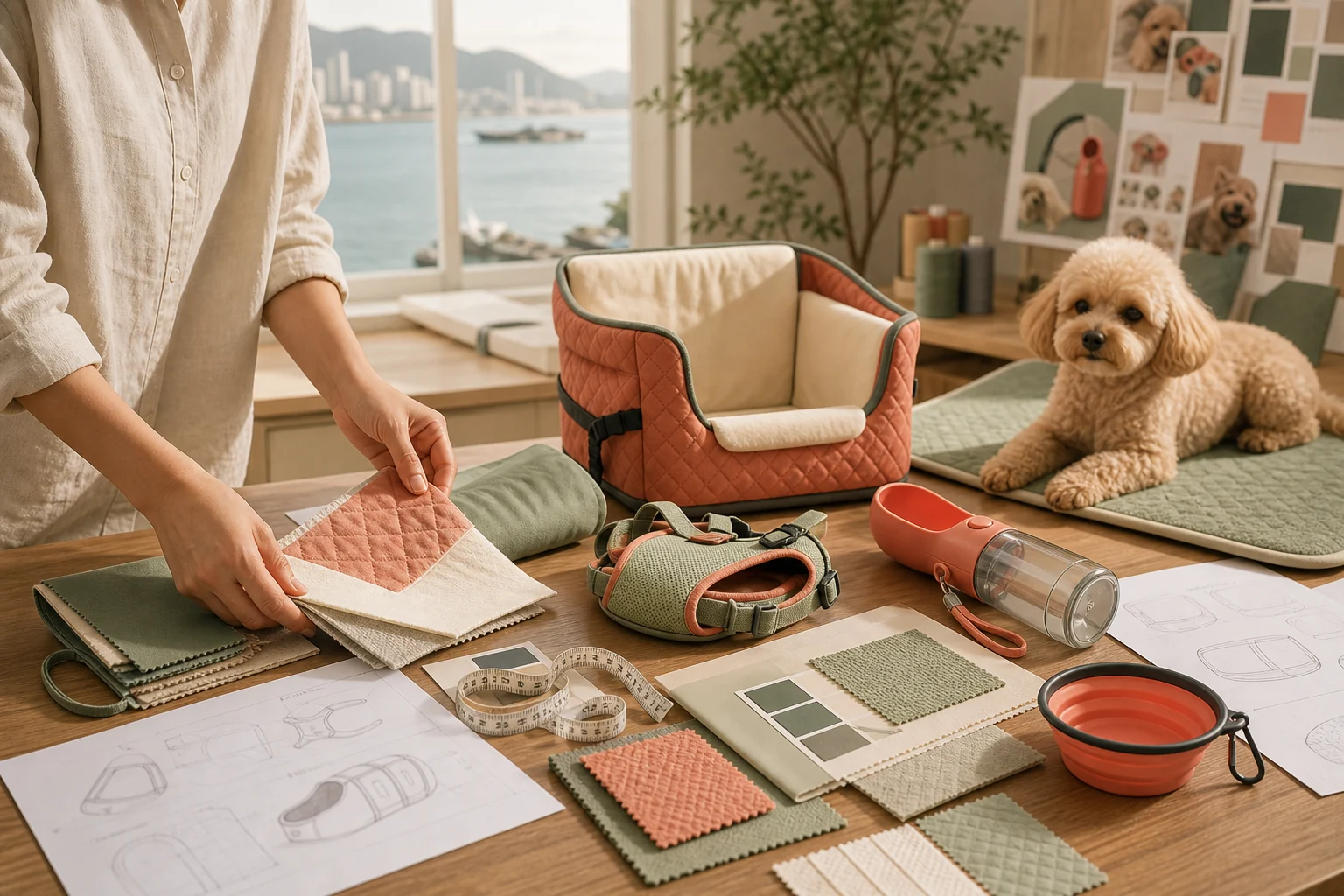 Echo Paw product design table with small dog gear samples and material swatches