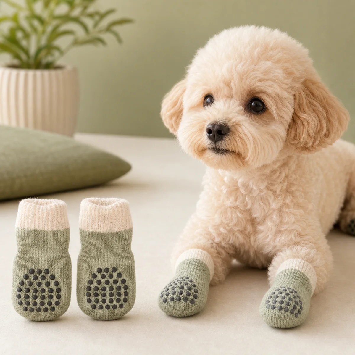 Small dog wearing non-slip socks with grip dots